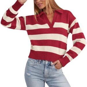 Joseph A Red and Cream Striped V-Neck Sweater